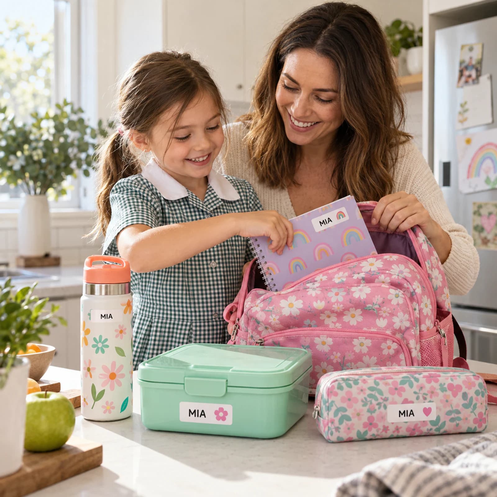 A parent and child packing personalised labels onto school supplies